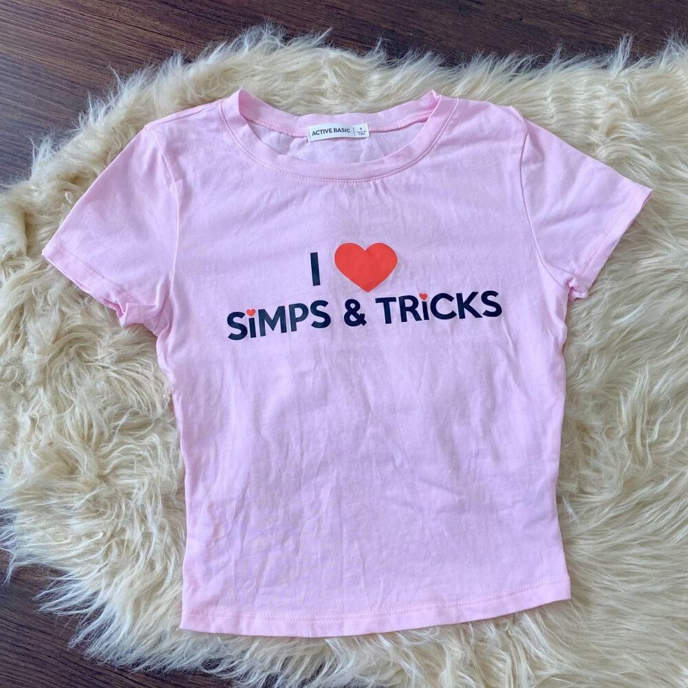 New Bratty Baby Tee Cropped Shirt "I love Simps & Tricks" Pink S